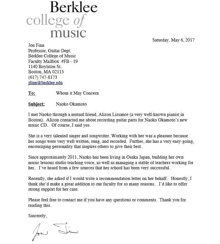岡本直子への推薦状（Jon Finn)