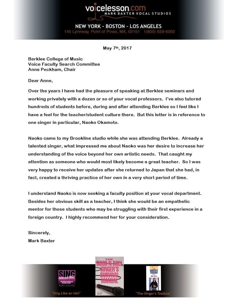 岡本直子への推薦状（Mark Baxter)